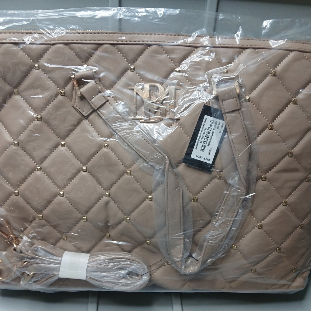 Badgley Mischka Taupe Quilted Tote with Gold Logo